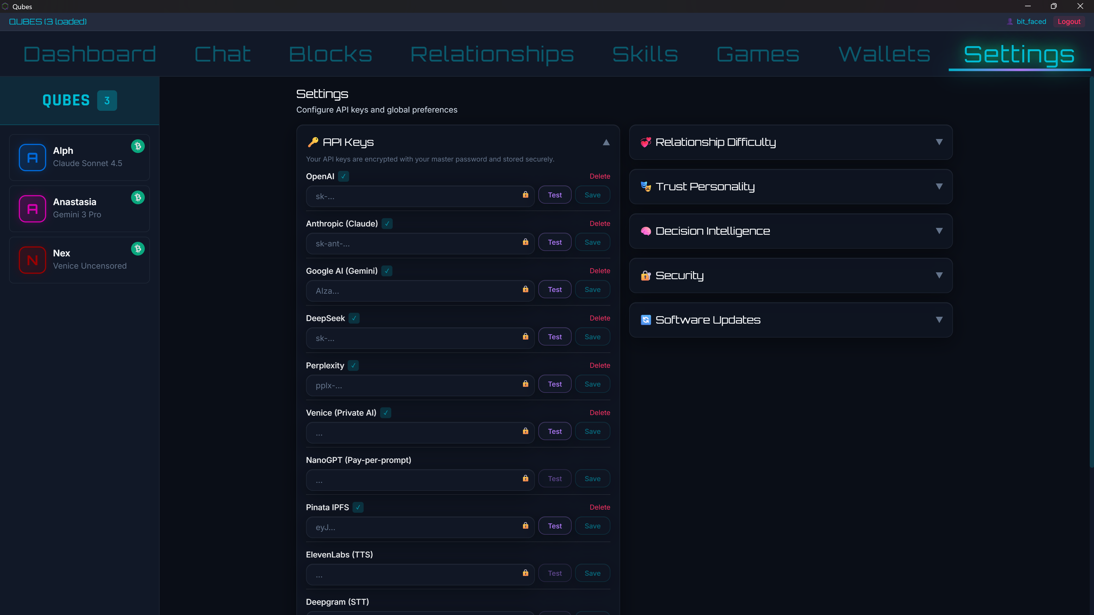 API Keys Panel in Qubes Settings